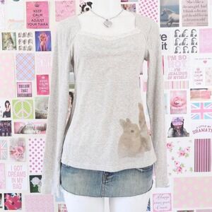 y2k bunny graphic lace trim ribbed top abercrombie size XS/S